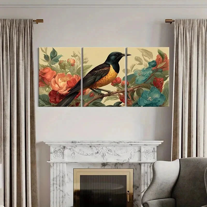 3pcs Artistic Bird Floral Surroundings Elegant Metal Print Ready to Hang Art