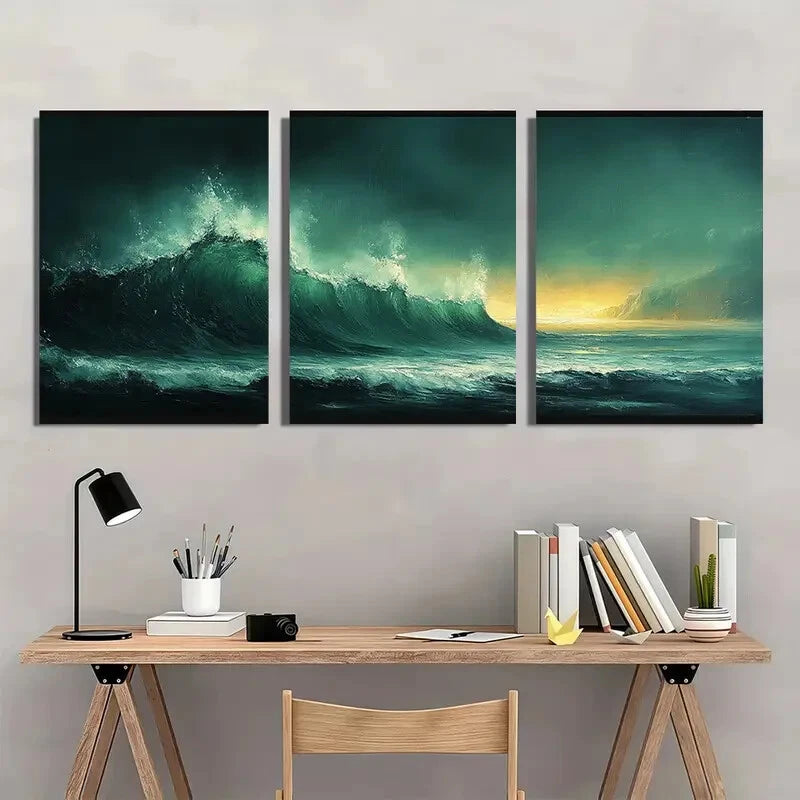 3pcs Green Abstract Landscape Sunset Reflections Metal Print Ready to Hang Art