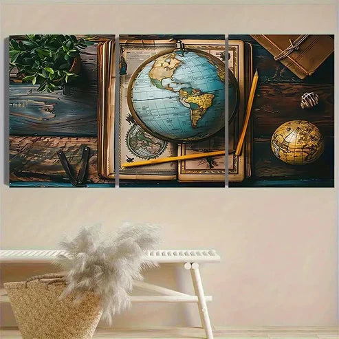 3pcs Vintage Globe And Map Wall Art Set Canvas Unframed - High Quality Print 100% Australian Made Wall Canvas