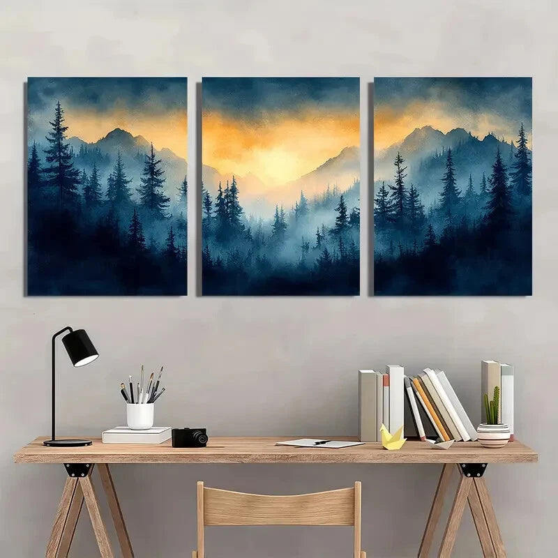 3pcs Vermont Landscape Foggy Forest with Golden Metal Print Ready to Hang Art