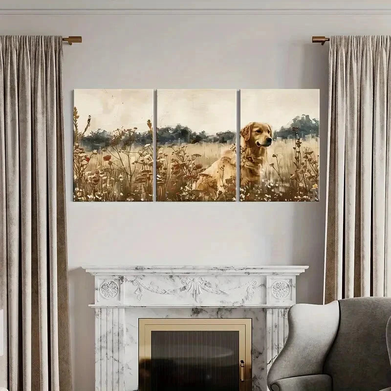 3pcs Golden Retriever Floral Garden Vintage Style Metal Print Ready to Hang Art