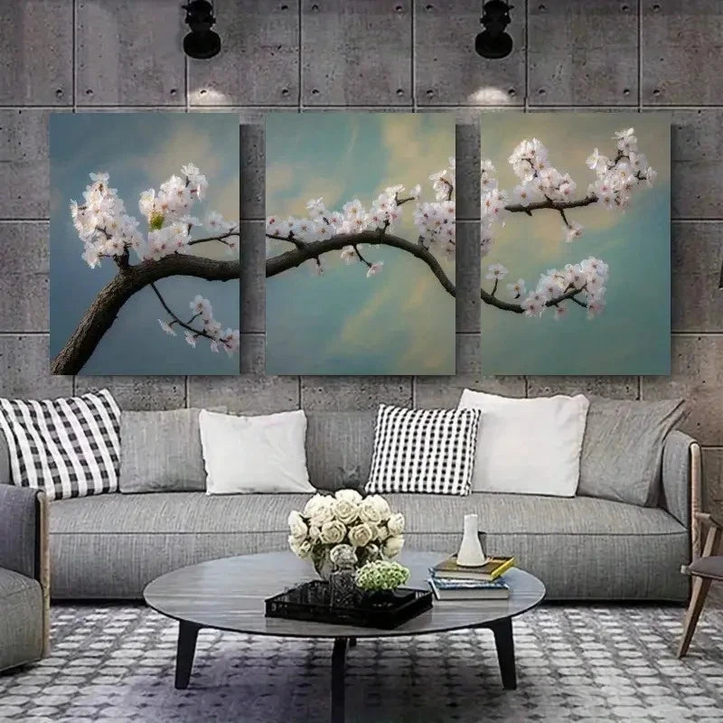 3pcs Landscape Painting with Pink Blossoms & Blue Metal Print Ready to Hang Art