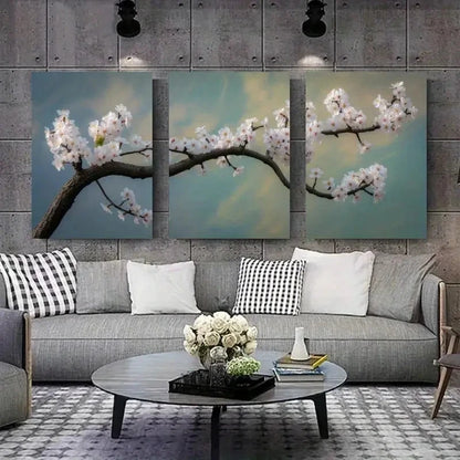 3pcs Landscape Painting with Pink Blossoms & Blue Metal Print Ready to Hang Art