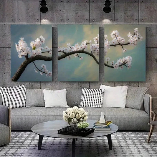 3pcs Landscape Painting with Pink Blossoms & Blue Metal Print Ready to Hang Art
