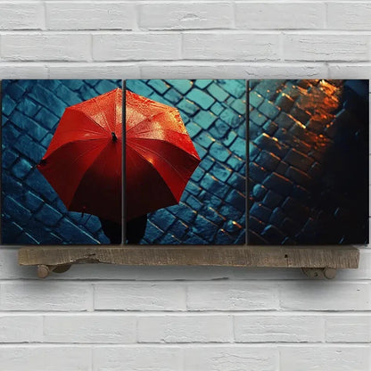 3pcs People with Red Umbrellas on Rainy Streets Metal Print Ready to Hang Art