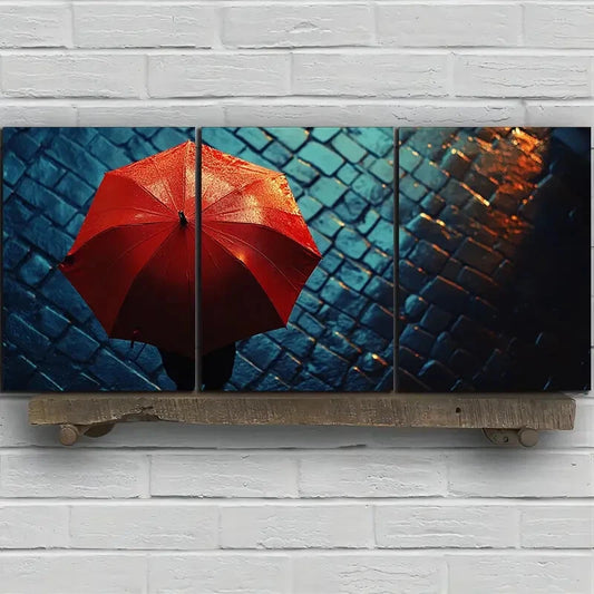 3pcs People with Red Umbrellas on Rainy Streets Metal Print Ready to Hang Art