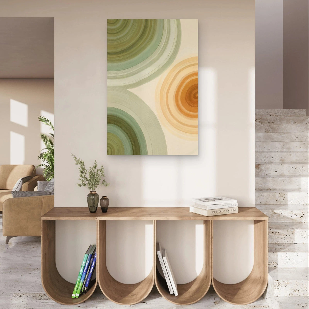 Earthy Abstract Green and Yellow Circles 40x60cm Metal Print Ready to Hang