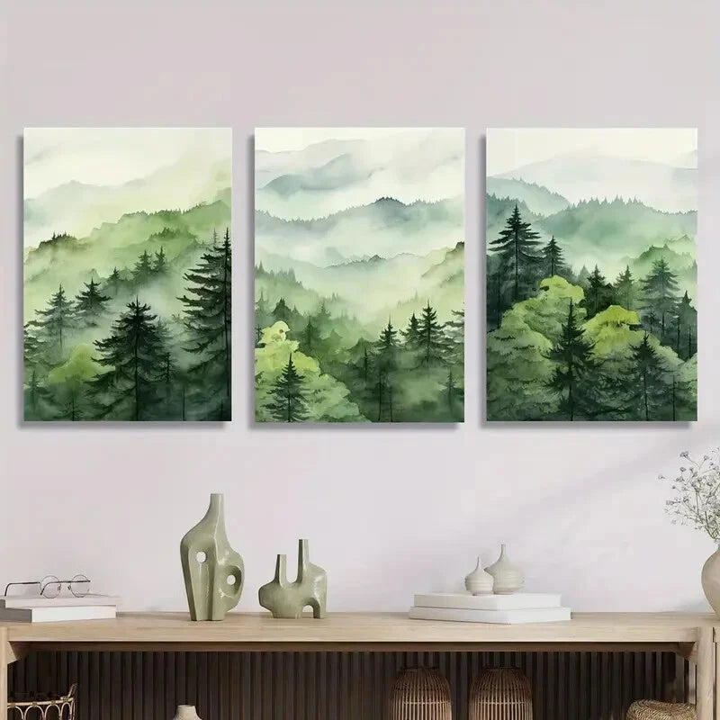 3pcs Green forest natural landscape watercolor Metal Print Ready to Hang Art