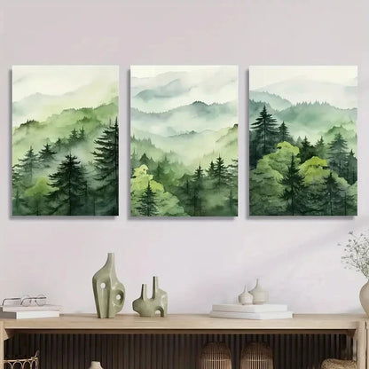 3pcs Green forest natural landscape watercolor Metal Print Ready to Hang Art