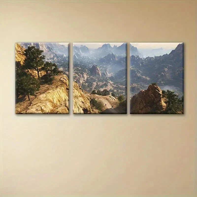 3pcs Majestic Mountain Landscape with Pine Trees Metal Print Ready to Hang Art
