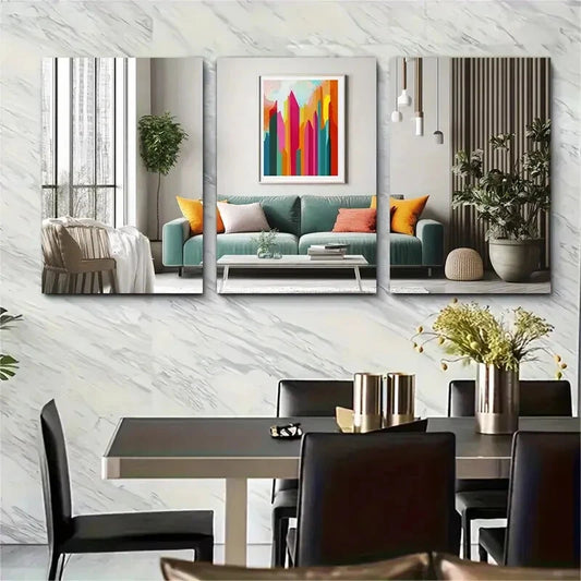 3pcs Teal Sofa Yellow & Orange Pillows Green Metal Print Ready to Hang Art