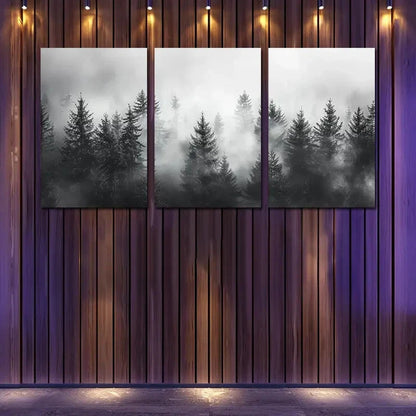3pcs Pine Tree Silhouettes on Foggy Landscape Wall Art Set Canvas Framed 50x70cm - High Quality Print 100% Australian Made Wall Canvas Ready to Hang
