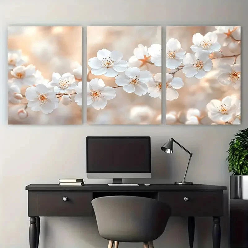 3pcs Ethereal White Cherry Blossom Floral Design Metal Print Ready to Hang Art