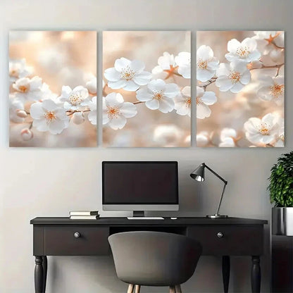 3pcs Ethereal White Cherry Blossom Floral Design Metal Print Ready to Hang Art