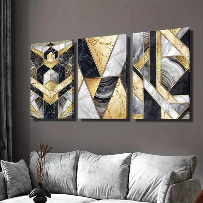 3pcs Marble Texture and Golden Geometric Wall Art Set Canvas Framed 40x60cm - High Quality Print 100% Australian Made Wall Canvas Ready to Hang