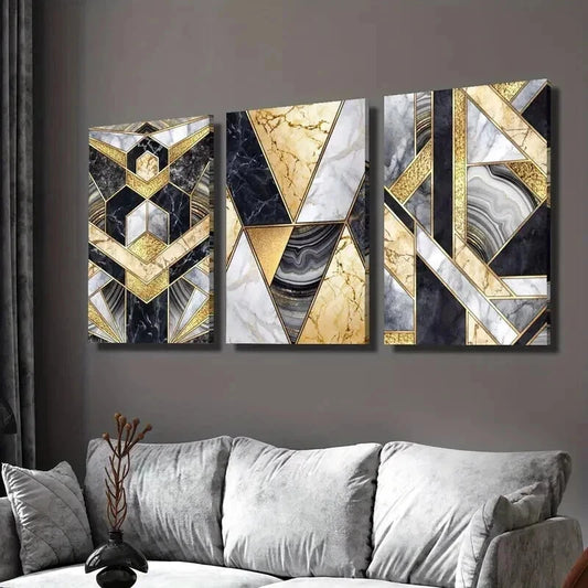 3pcs Marble Texture and Golden Geometric Wall Art Set Canvas Framed 40x60cm - High Quality Print 100% Australian Made Wall Canvas Ready to Hang