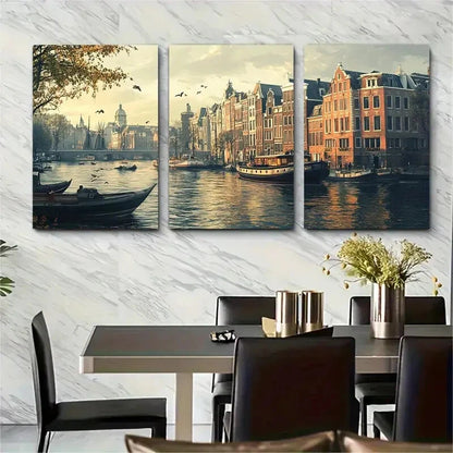 3pcs Amsterdam Canal Scene Dutch Landscape Metal Print Ready to Hang Art