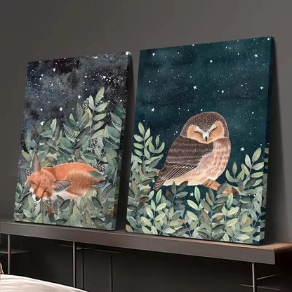 2pcs Decorative Painting, Nocturnal Animals, Cute Style Canvas Framed 50x75cm - High Quality Print 100% Australian Made Wall Canvas Ready to Hang