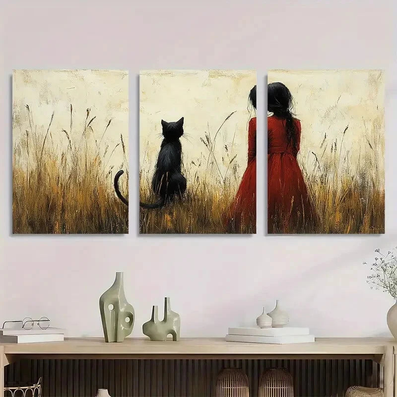 3pcs Charming Black Cat Little Girl Red Dress Metal Print Ready to Hang Art