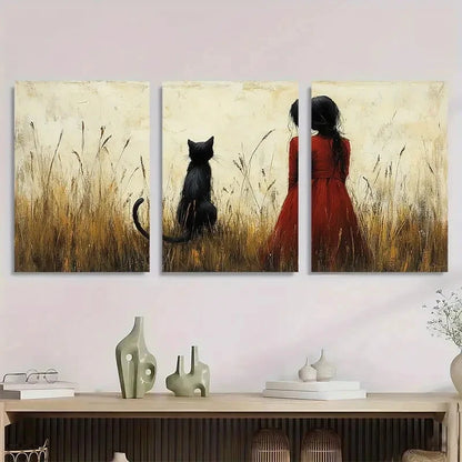 3pcs Charming Black Cat Little Girl Red Dress Metal Print Ready to Hang Art