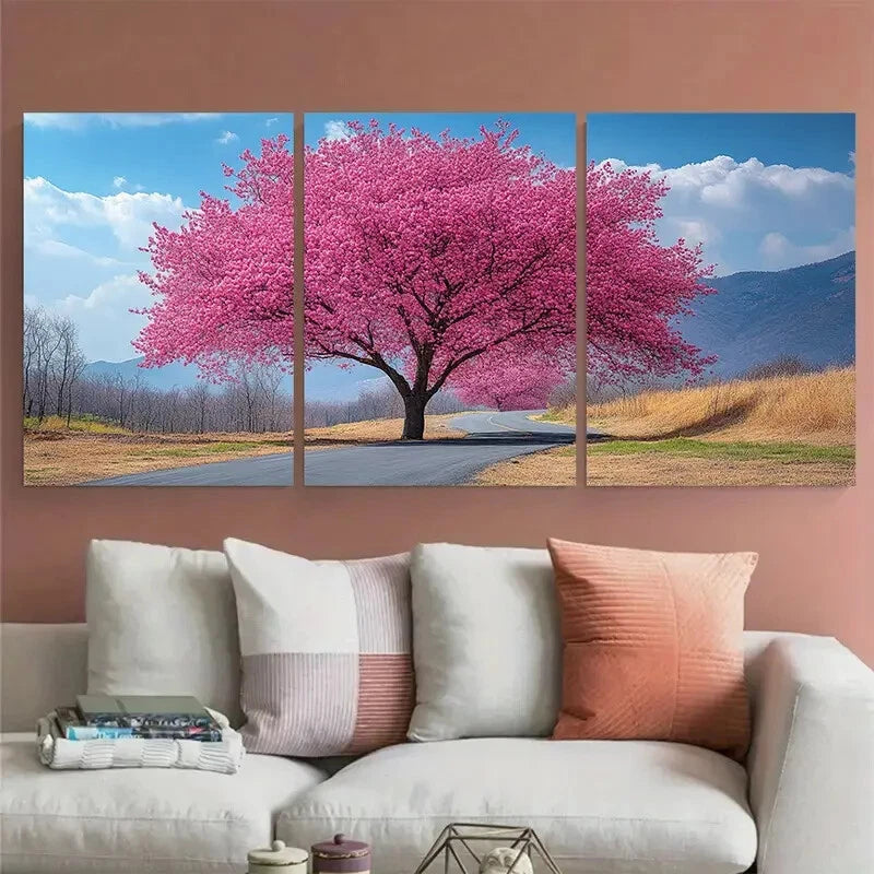 3pcs Large Pink Blossom Tree Spring Nature Metal Print Ready to Hang Art
