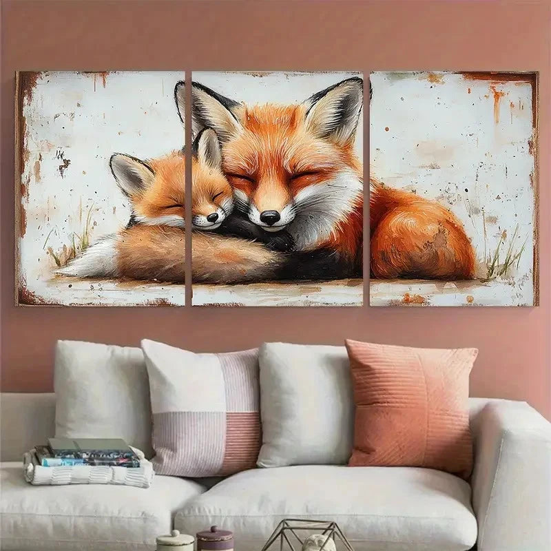 3pcs Watercolour Mother Fox And Fox Kit Cuddling Metal Print Ready to Hang Art