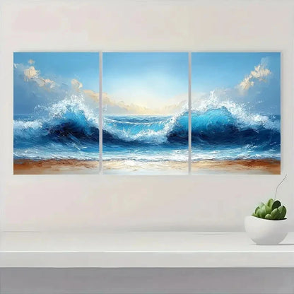3pcs Vibrant Blue Sea Waves Abstract Beach Scene Metal Print Ready to Hang Art