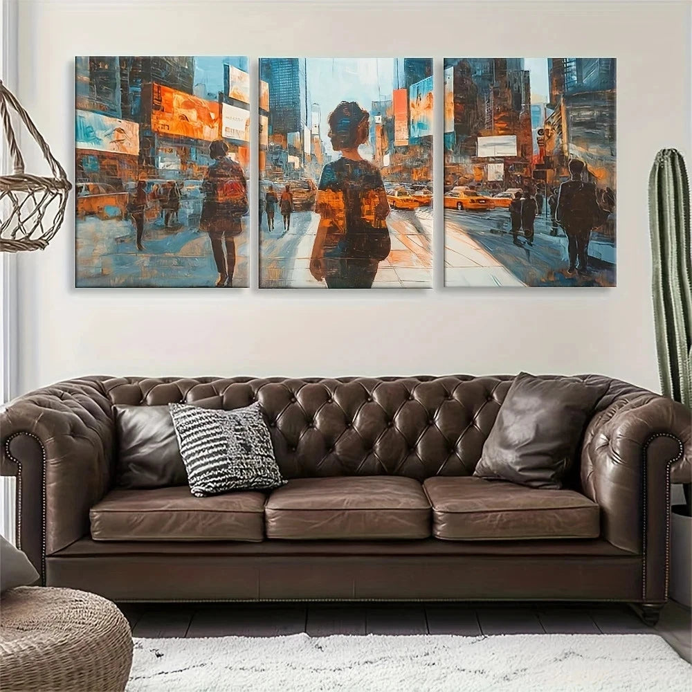 3pcs Vivid City Street Orange & Blue City Figures Metal Print Ready to Hang Art