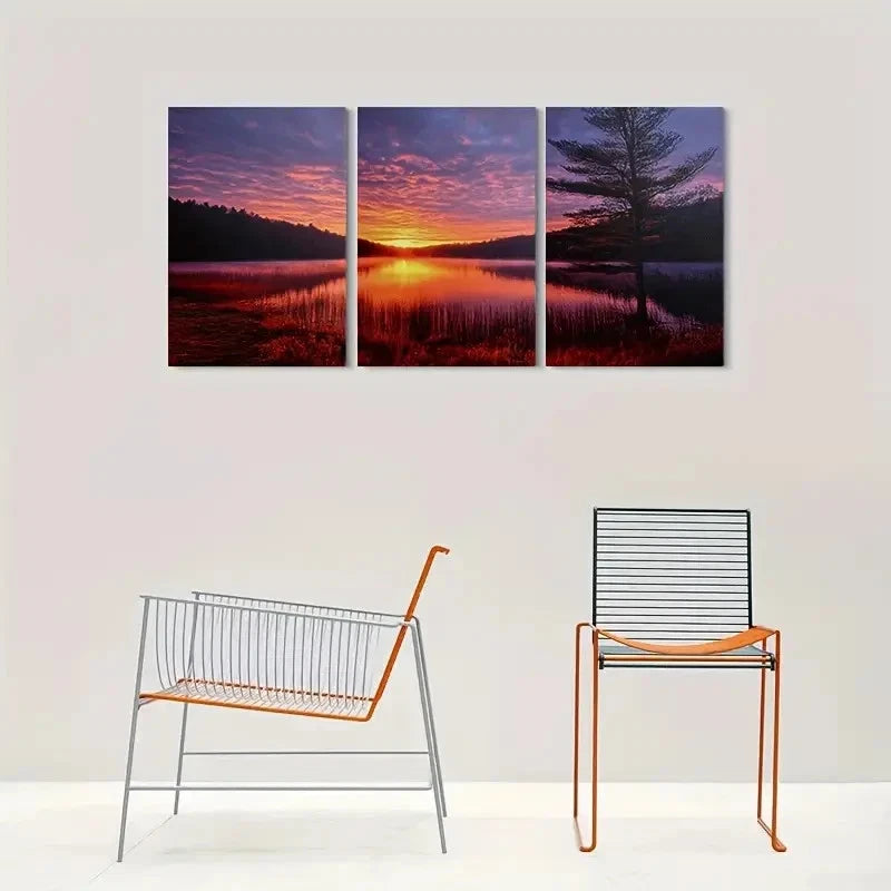 3pcs Vibrant Sky & Serene Water Scene Metal Print Ready to Hang Art