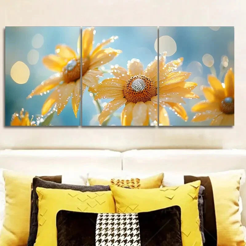 3pcs Sunflower Morning Dew Bubbles Metal Print Ready to Hang Art