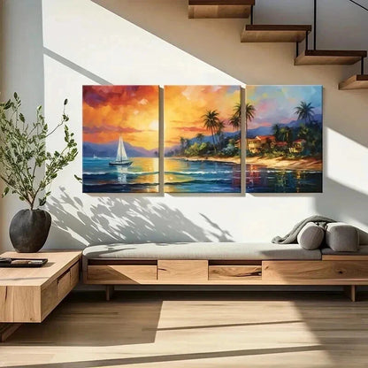3pcs Sunset Sailboat Palm Trees & Beach Wall Art Set Canvas Framed 40x60cm - High Quality Print 100% Australian Made Wall Canvas Ready to Hang