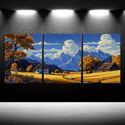 3pcs Villages Under The Mountains Metal Print Ready to Hang Art