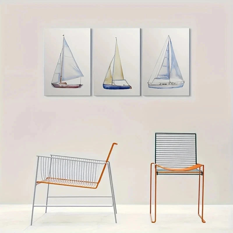 3pcs Abstract Watercolor Sailboat Metal Print Ready to Hang Art