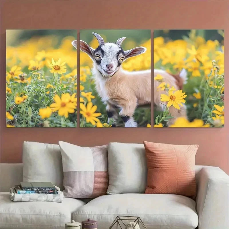 3pcs Cute Goat Kid Baby Exploring a Floral Field Metal Print Ready to Hang Art