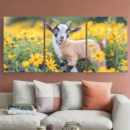 3pcs Cute Goat Kid Baby Exploring a Floral Field Metal Print Ready to Hang Art