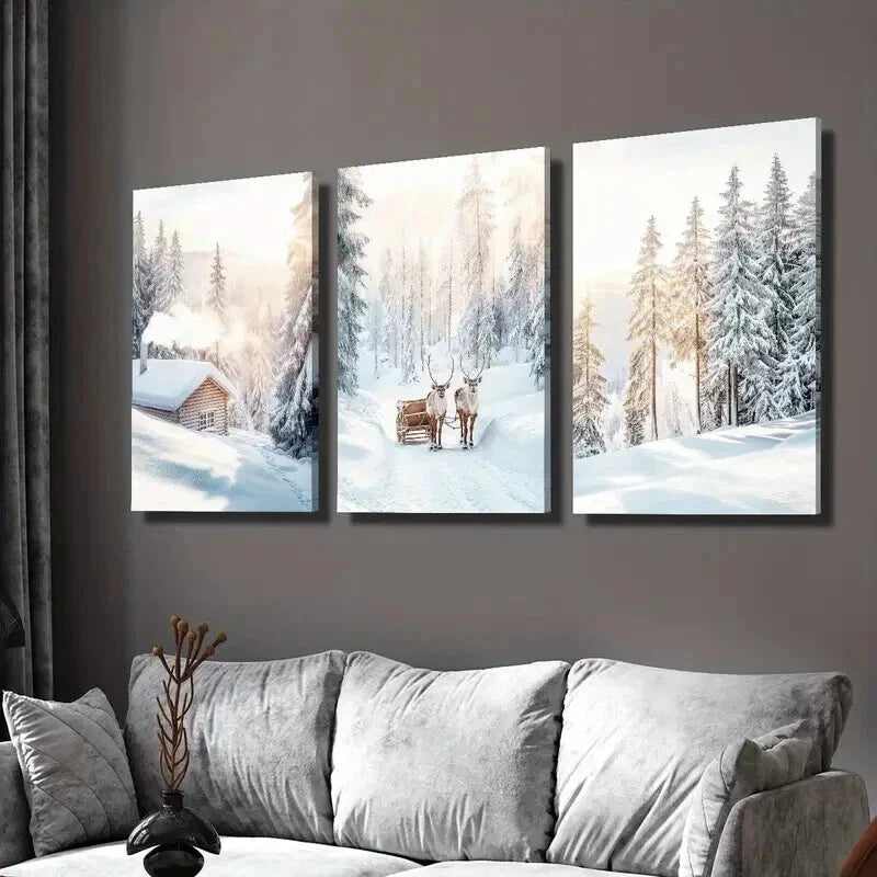 3pcs Snowy Trees Scene & Christmas Elk Wall Art Set Canvas Framed 40x60cm - High Quality Print 100% Australian Made Wall Canvas Ready to Hang