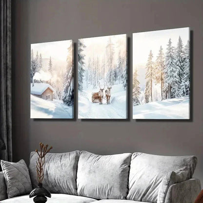 3pcs Snowy Trees Scene & Christmas Elk Wall Art Set Canvas Framed 40x60cm - High Quality Print 100% Australian Made Wall Canvas Ready to Hang