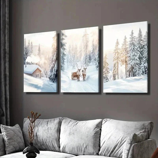 3pcs Snowy Trees Scene & Christmas Elk Wall Art Set Canvas Framed 40x60cm - High Quality Print 100% Australian Made Wall Canvas Ready to Hang