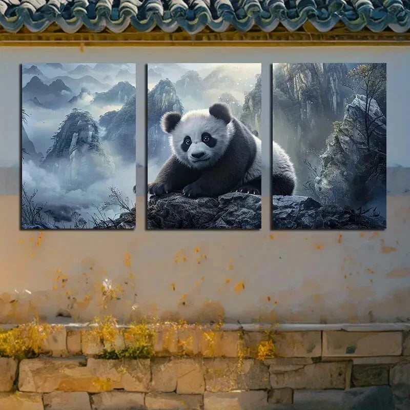 3pcs Panda Desperately Grasps The Rock Surface Metal Print Ready to Hang Art