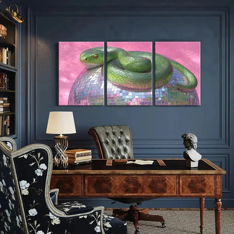3pcs Green Snake Coiled on Disco Ball Abstract Art Metal Print Ready to Hang Art