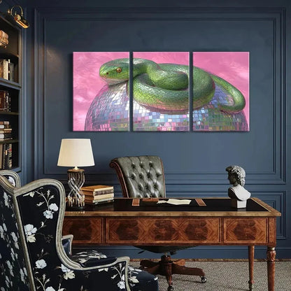 3pcs Green Snake Coiled on Disco Ball Abstract Art Metal Print Ready to Hang Art