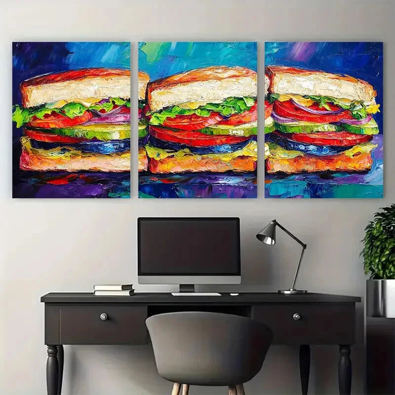 3pcs Sandwich Whimsical Lunch Colorful Food Metal Print Ready to Hang Art