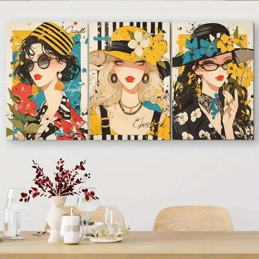 3pcs Women with Hats & Glasses Vibrant Perfect Wall Art Set Canvas Framed 40x60cm - High Quality Print 100% Australian Made Wall Canvas Ready to Hang