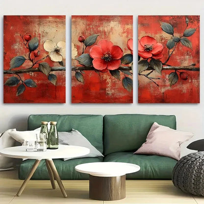 3pcs Rustic Red Botanical with Green Leaves Metal Print Ready to Hang Art