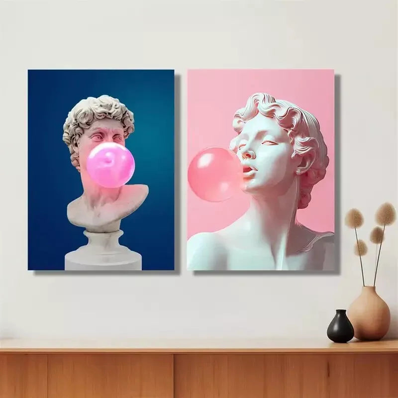 2pcs Whimsical David Bust & Pink Gum Bubbles Design Canvas Framed 50x75cm - High Quality Print 100% Australian Made Wall Canvas Ready to Hang