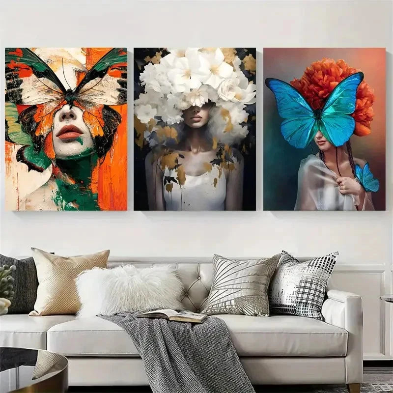 3pcs Vibrant Butterfly Lady Abstract Floral Wall Art Set Canvas Framed 40x60cm - High Quality Print 100% Australian Made Wall Canvas Ready to Hang