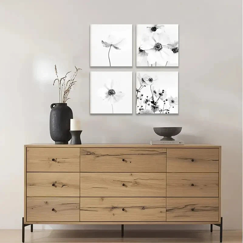 4pcs Black And White Square Wall Art | Botanical Wall Art Canvas Framed