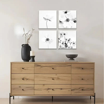 4pcs Black And White Square Wall Art | Botanical Wall Art Canvas Framed