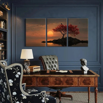 3pcs Sunset Tree Silhouette with Birds Orange Sky Metal Print Ready to Hang Art