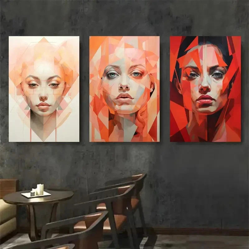 3pcs Portrait Vibrant Red and Orange Tones Metal Print Ready to Hang Art
